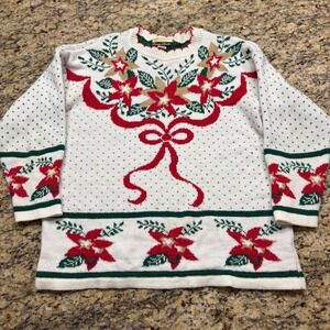 Vintage Dana Scott Christmas Poinsettia Lurex Sweater Womens Large White Red USA